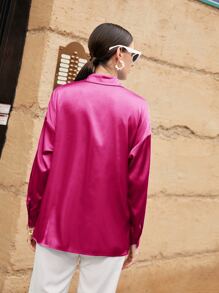 Modelyn Button Up Drop Shoulder Shirt,Long Sleeve Tops Fall Cloth For Women - Hot Pink - View 5