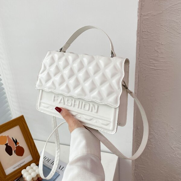 

Letter Graphic Textured Flap Square Bag, White