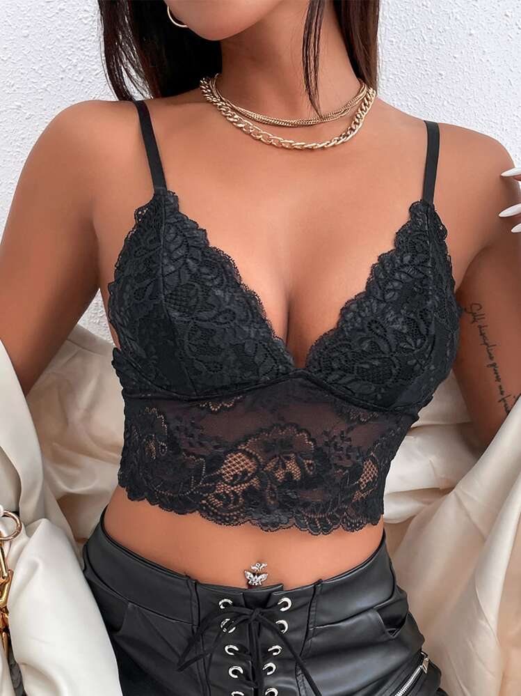 SHEIN Allurite Solid Lace Cami Top - Black - View 3