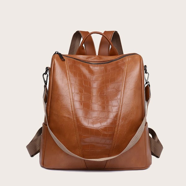 

Crocodile Embossed Large Capacity Backpack, Brown