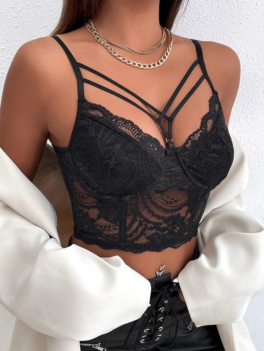 Strap Detail Bustier Crop Lace Cami Top - Black - View 1