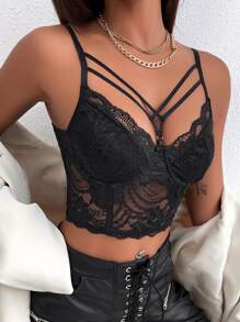 Strap Detail Bustier Crop Lace Cami Top - Black - View 4