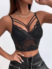 Strap Detail Bustier Crop Lace Cami Top - Black - View 5