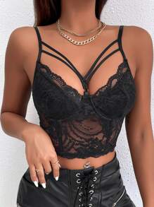 Strap Detail Bustier Crop Lace Cami Top - Black - View 6