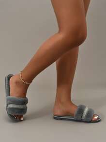 秋冬季 DREAMA 欧盟商标 四季经典奢华柔软透气保暖露趾软防滑耐用仿兔毛女士室内拖鞋，毛绒拖鞋