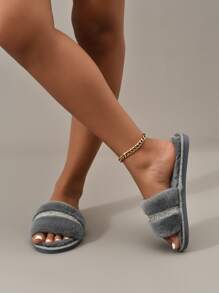 秋冬季 DREAMA 欧盟商标 四季经典奢华柔软透气保暖露趾软防滑耐用仿兔毛女士室内拖鞋，毛绒拖鞋