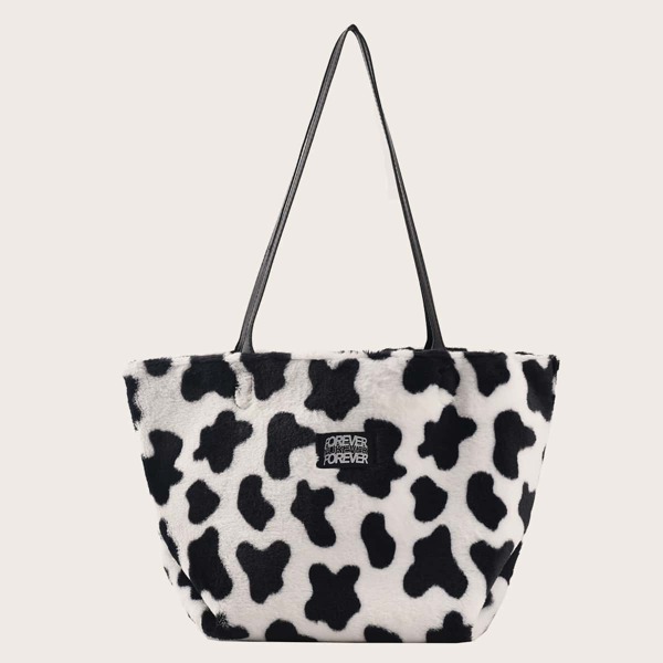 

Cow Print Letter Patch Shoulder Tote Bag, Black and white