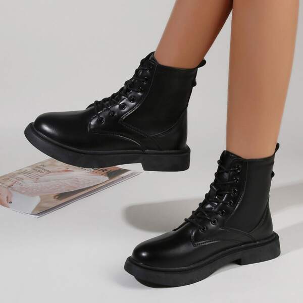 

Lace-up Front Ankle Combat Boots, Black