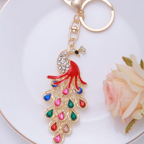 

Rhinestone Decor Peacock Charm Keychain, Red