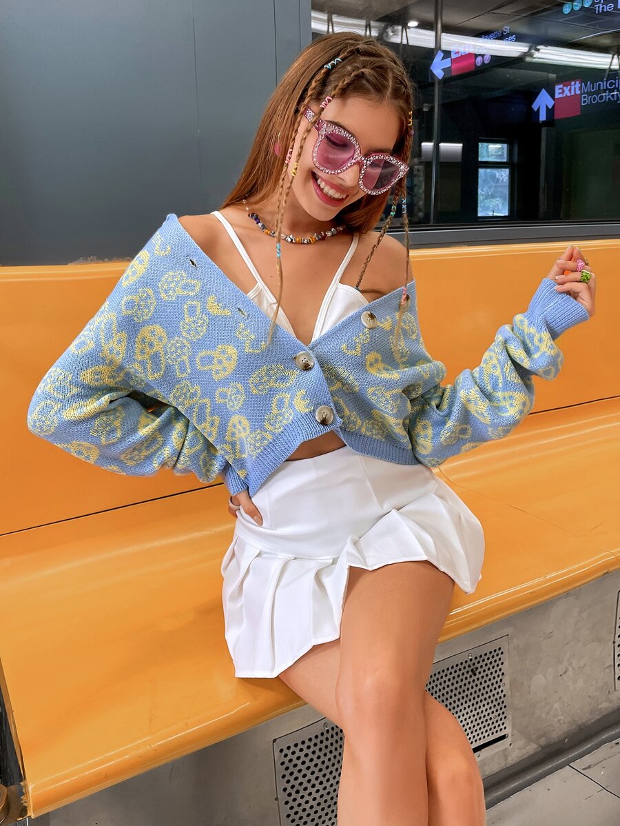 Mushroom Pattern Button Front Cardigan - Baby Blue - View 1