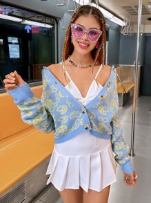 Mushroom Pattern Button Front Cardigan - Baby Blue - View 3