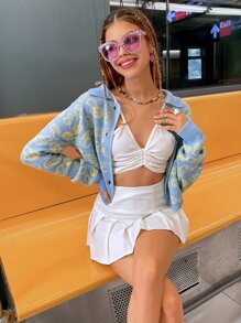 Mushroom Pattern Button Front Cardigan - Baby Blue - View 4