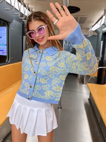 Mushroom Pattern Button Front Cardigan - Baby Blue - View 5