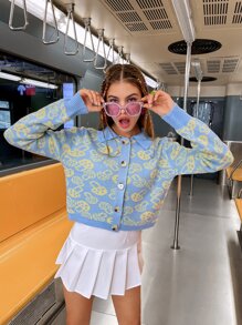 Mushroom Pattern Button Front Cardigan - Baby Blue - View 7