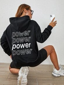 SHEIN Unity 字母圖案落肩袖加絨內裏連帽衫 - 黑色 - 查看 1