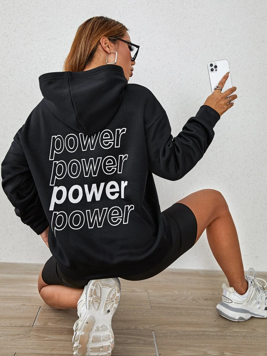 SHEIN Unity 字母圖案落肩袖加絨內裏連帽衫 - 黑色 - 查看 1