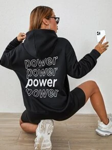 SHEIN Unity 字母圖案落肩袖加絨內裏連帽衫 - 黑色 - 查看 3