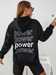 SHEIN Unity 字母圖案落肩袖加絨內裏連帽衫 - 黑色 - 查看 5