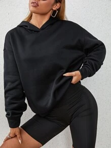 SHEIN Unity 字母圖案落肩袖加絨內裏連帽衫 - 黑色 - 查看 6