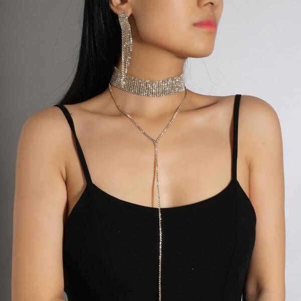 

Rhinestone Tassel Decor Earrings & Necklace & Bracelet, Gold