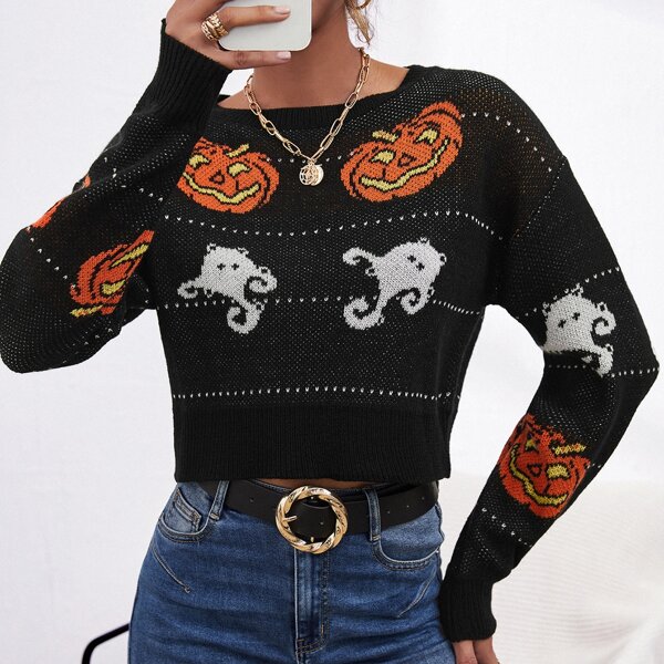 

Halloween Pattern Drop Shoulder Sweater, Black