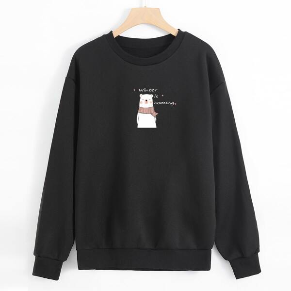 

Bear & Slogan Graphic Drop Shoulder Thermal Pullover, Black