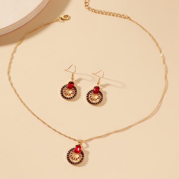 

Rhinestone Decor Circle Charm Necklace & Earrings, Red