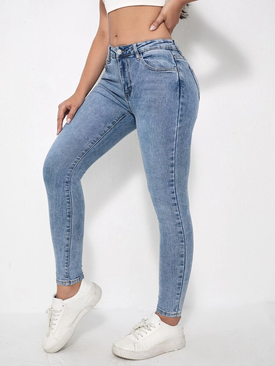 低腰緊身牛仔褲 - 淺色水洗藍 - 查看 1