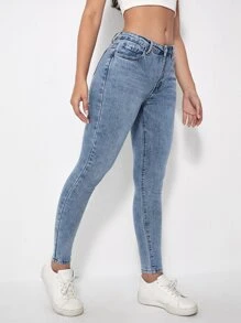 低腰緊身牛仔褲 - 淺色水洗藍 - 查看 5