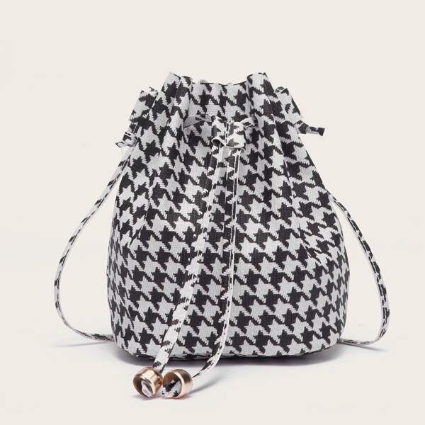 

Houndstooth Pattern Drawstring Design Bucket Bag, Black and white