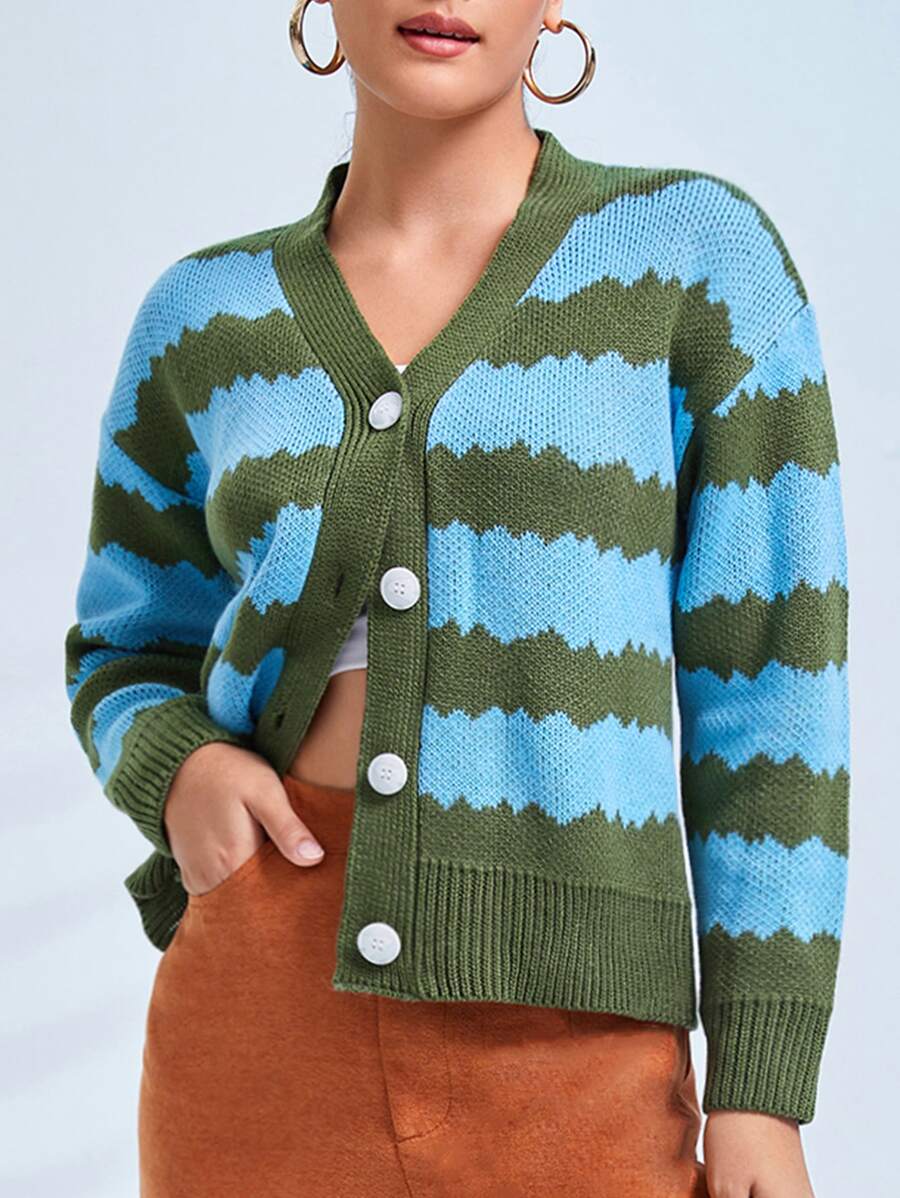 Mulvari Mushroom Pattern Color Block Drop Shoulder Cardigan - Multicolor - View 1