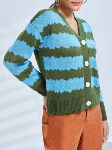 Mulvari Mushroom Pattern Color Block Drop Shoulder Cardigan - Multicolor - View 3