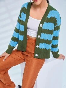 Mulvari Mushroom Pattern Color Block Drop Shoulder Cardigan - Multicolor - View 4