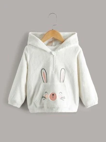 女童卡通刺绣3D耳朵袋鼠口袋法兰绒卫衣 - 白色 - 查看 1