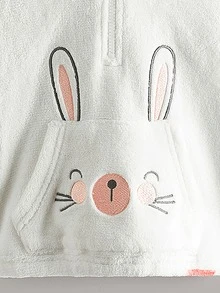 女童卡通刺绣3D耳朵袋鼠口袋法兰绒卫衣 - 白色 - 查看 4