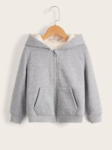SHEIN Young Boy Pockets Detail Zip-Up Teddy Lined Hoodie - Grey - View 3