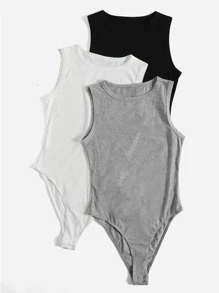 SHEIN EZwear Plus 3pcs Solid Tank Bodysuit - Multicolor - View 3