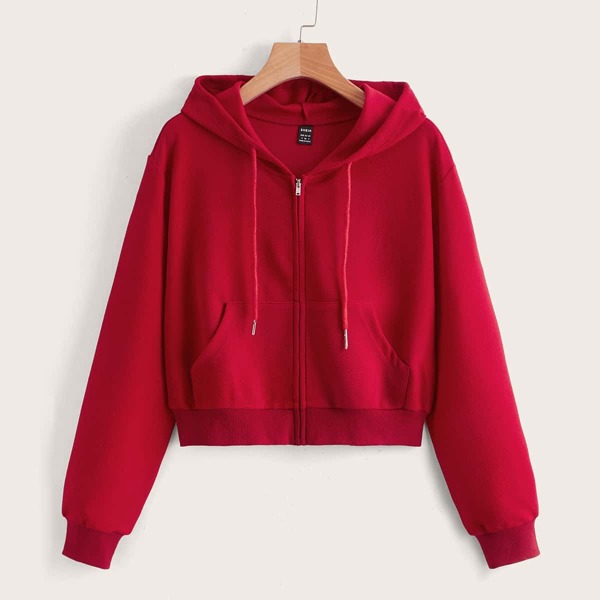 

Kangaroo Pocket Drop Shoulder Zipper Drawstring Hoodie, Red