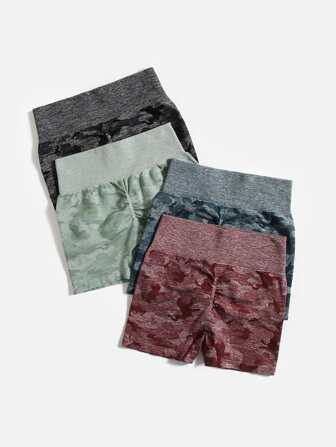 4 Packs Shorts De Sport Sans Couture À Imprimé Camouflage, Shorts En Spandex