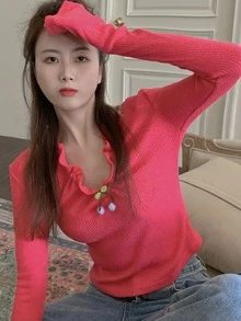 櫻桃細節蕾絲邊吊脖羅紋T恤 - 西瓜粉 - 查看 2