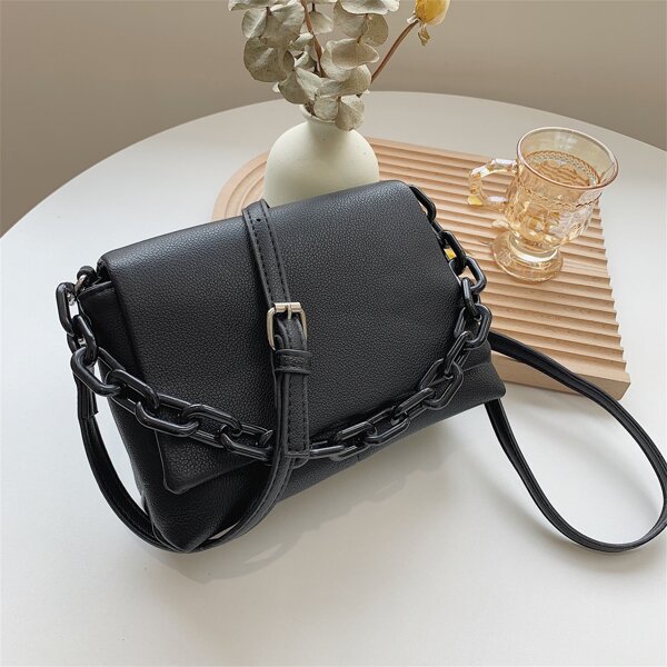 

Minimalist Flap Baguette Bag, Black