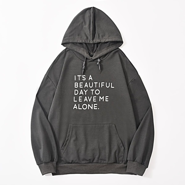 

Slogan Graphic Kangaroo Pocket Drawstring Hoodie, Dark grey