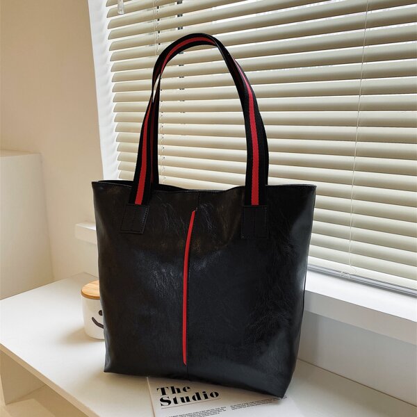 

Striped Pattern Shoulder Tote Bag, Black