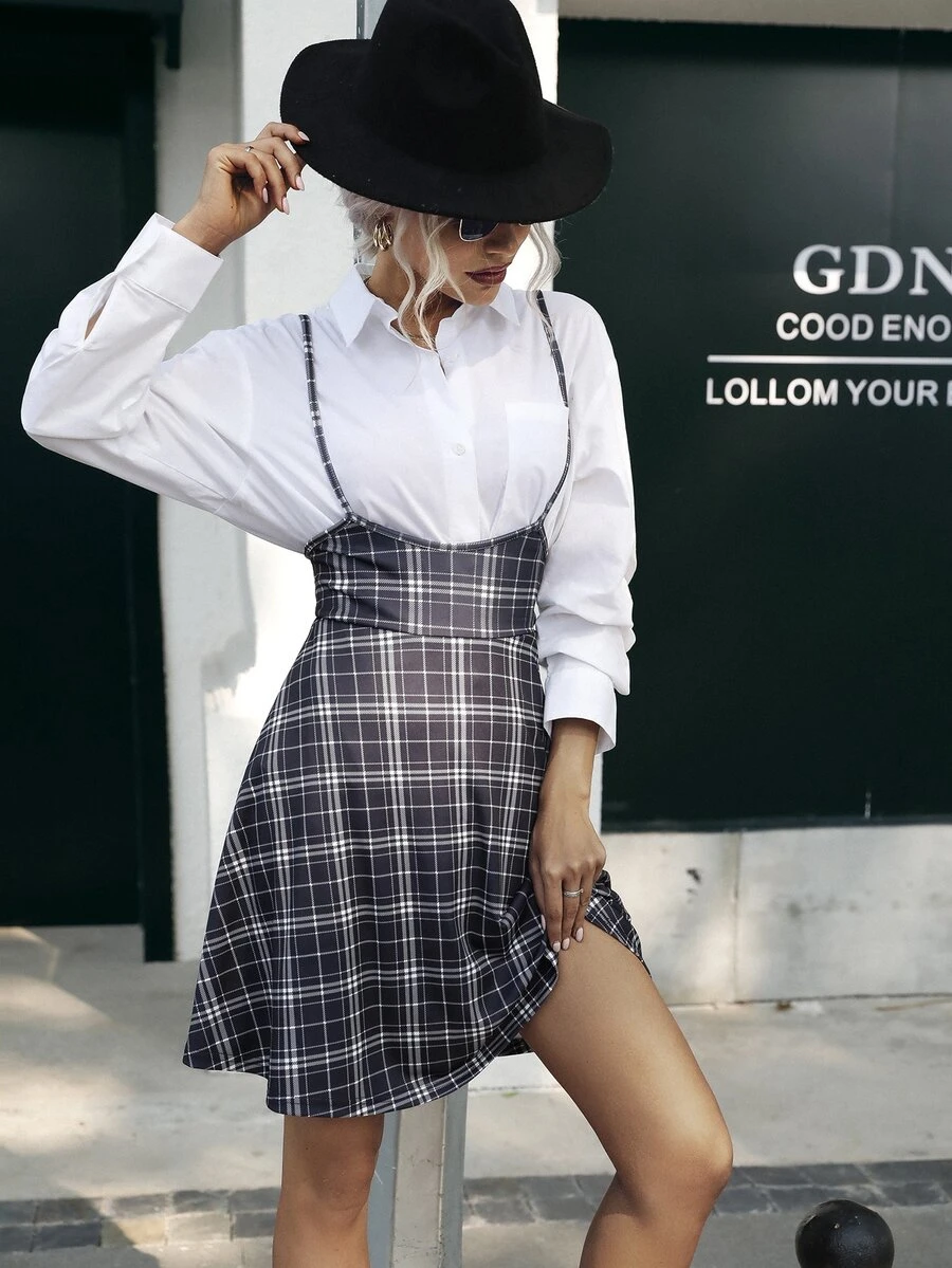 Plaid Print Cami Dress Without Blouse - Black and White - View 1