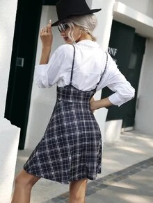 Plaid Print Cami Dress Without Blouse - Black and White - View 2