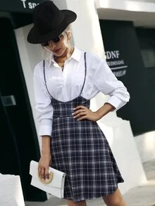 Plaid Print Cami Dress Without Blouse - Black and White - View 4