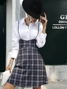 Plaid Print Cami Dress Without Blouse - Black and White - View 6