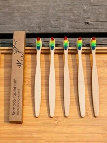 1pc Wooden Handle Toothbrush, Rainbow Stripe Head Toothbrush For Household - Multicolor - View 1