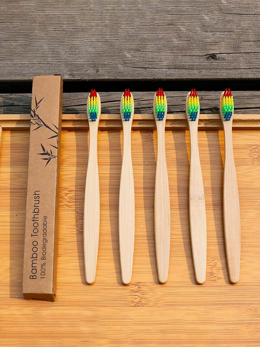 1pc Wooden Handle Toothbrush, Rainbow Stripe Head Toothbrush For Household - Multicolor - View 1