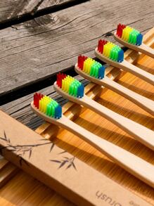 1pc Wooden Handle Toothbrush, Rainbow Stripe Head Toothbrush For Household - Multicolor - View 2